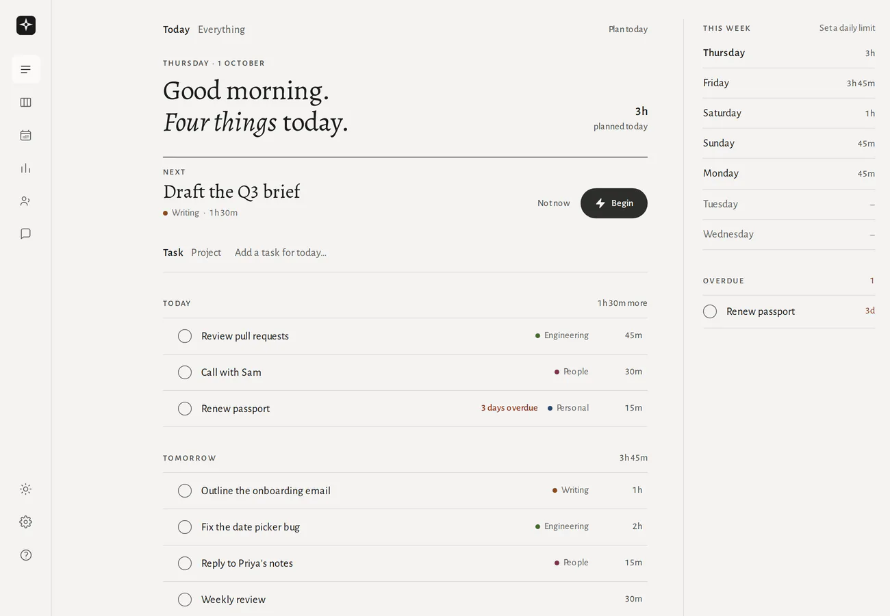 Astrea's Today screen. A serif greeting says four things today. Below it is the next task, Draft the Q3 brief, then today's list.